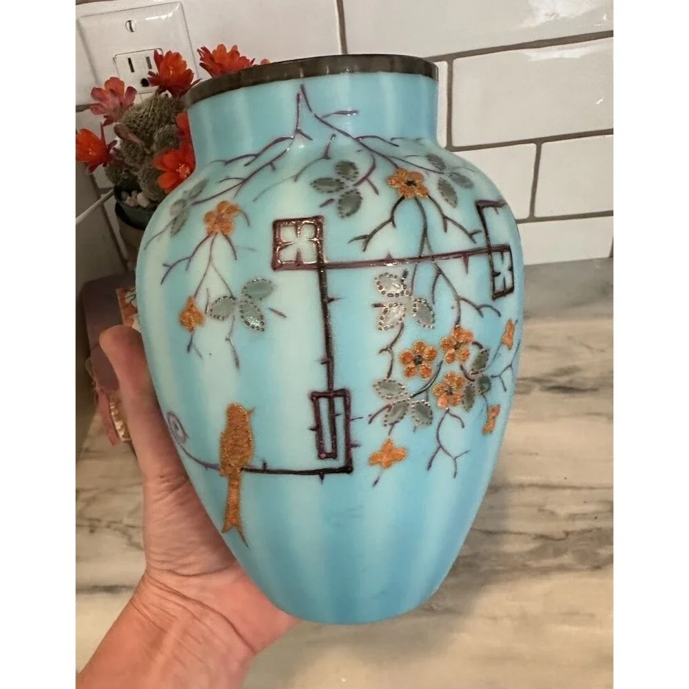 Gorgeous Antique Cased Satin Blue Glass Vase Raised Art Deco Bird Flowers